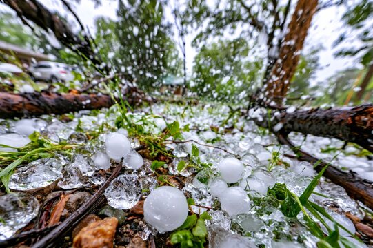 Hailstones covering ground after intense hailstorm weather