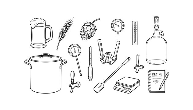 Craft beer home brewing equipment line icon set featuring brew pot, glass mug, barley wheat, hops, thermometers, carboy jug, capper, and recipe notebook vectors.