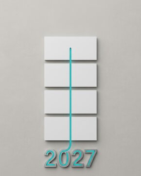 2027 Consistent Execution Concept with Four White Stages and Continuous Teal Path, Minimal Business Planning Background with Copy Space