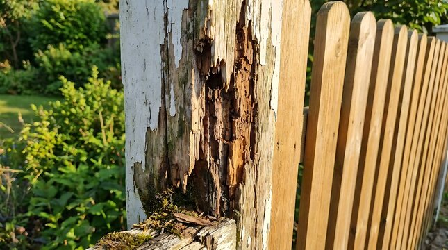 Decaying wooden fence post with severe wood rot and structural damage, emphasizing critical property maintenance needs and urgent outdoor repairs