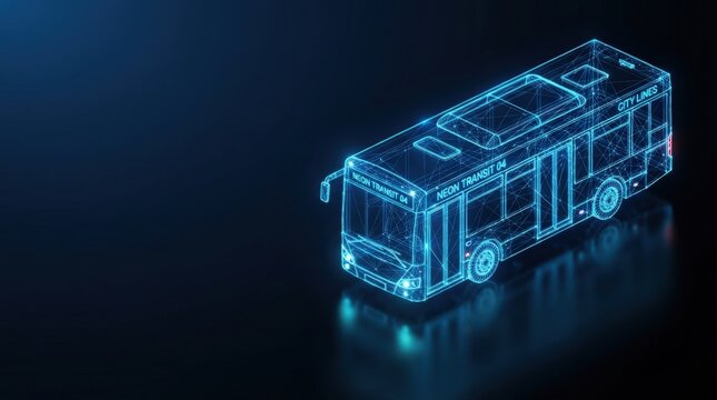 Glowing blue 3D wireframe electric bus showcases futuristic transit innovation perfect for AI, smart city, and digital technology projects with sleek design.