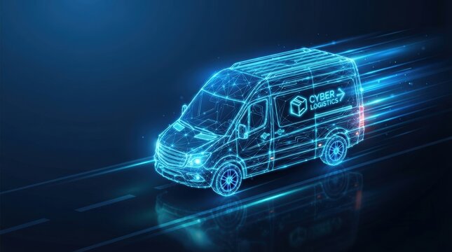 Glowing blue 3D wireframe cyber van showcases cutting-edge AI and digital science innovation for high-tech marketing and futuristic tech visuals.