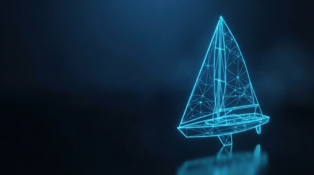 Glowing blue 3D wireframe sailboat symbolizes cutting-edge AI and digital innovation with futuristic design against dark background perfect for tech marketing.