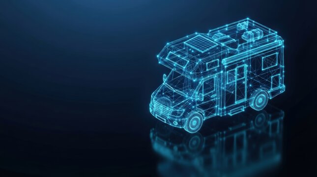 Glowing blue 3D wireframe smart camper van showcases futuristic tech innovation for AI, digital science, and high-tech applications with sleek design.