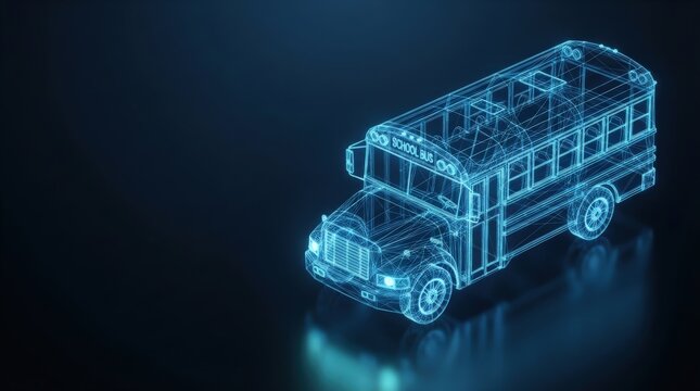 Glowing blue 3D wireframe school bus graphic on dark background ideal for AI, digital innovation, and futuristic tech projects showcasing advanced design.