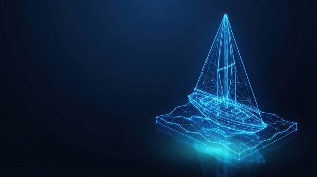 Glowing blue 3D wireframe neural network ship graphic on dark background ideal for AI, digital science, and high-tech innovation projects.