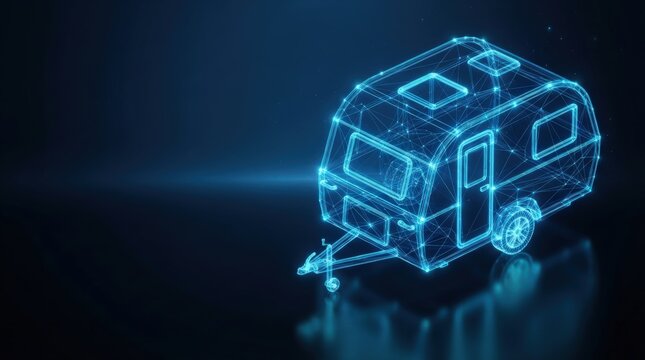 Glowing blue 3D wireframe camper van showcases futuristic tech innovation ideal for AI, digital science, and high-tech visuals against dark tech background.
