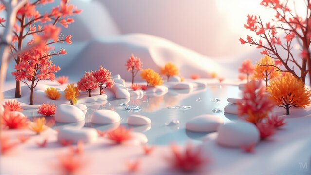 Stylized landscape features water, trees, rocks. Soft lighting creates peaceful winter scene. Minimalist design emphasizes shapes, colors.