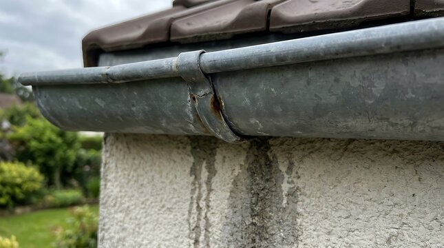Aged metal rain gutter on a house, with visible water stains on the stucco wall, indicating potential leakage and the need for timely exterior maintenance