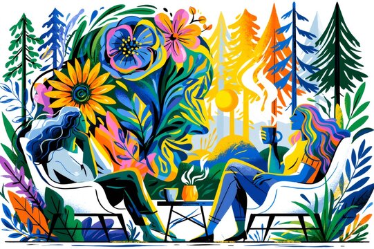 Women connecting over coffee in vibrant floral garden