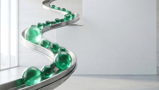 Curved metallic track with shiny green glass marbles rolling down
