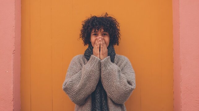 Surprised person with curly hair against yellow wall