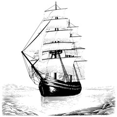 Detailed vintage engraving of a classic sailing ship with masts and sails on the ocean © Zaheer