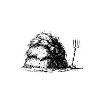 Vintage style engraving of a straw haystack with a pitchfork on a white background