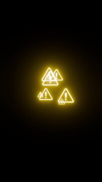 Flashing red, yellow, blue, green neon warning triangle icons with exclamation marks on black background, danger alert motion graphic loop for emergency, security and system error concepts.