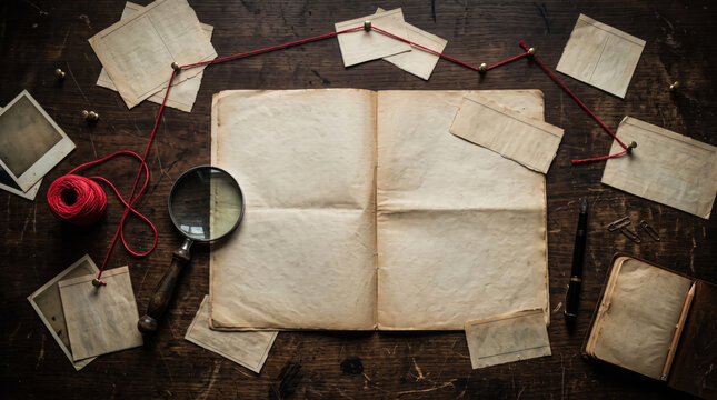Detective investigation board with blank paper, magnifying glass and red string on wood