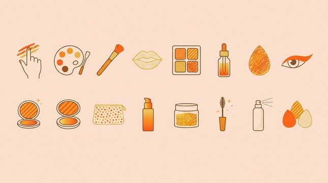 Colorful cosmetic icons featuring makeup tools and beauty products on a soft pink background
