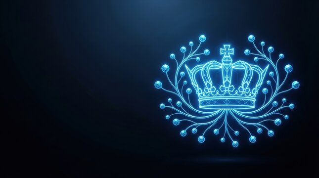 Glowing blue 3D wireframe crown symbolizes advanced AI neural networks and digital innovation for tech, science, and futuristic projects.