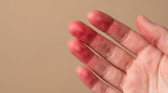Close-Up View of Erythromelalgia Red Painful Swollen Fingertips on Human Hand