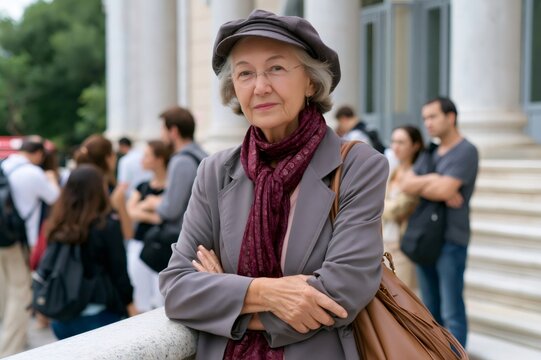 Senior woman traveling in urban area with crowd