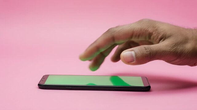 Finger swiping on a smartphone screen with green interface during a studio shoot with soft lighting and a pink background