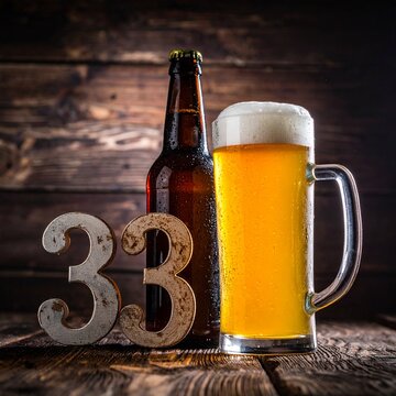 Rustic Beer Bottle and Glass with Number 33 &ndash; Birthday and Anniversary Celebration