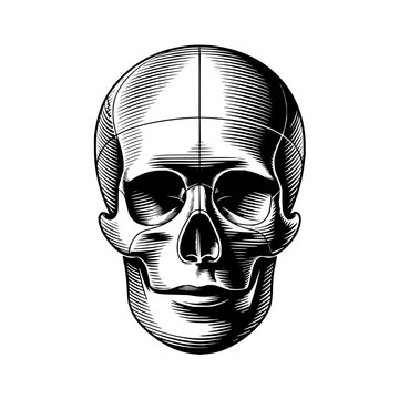 Anatomical Human Skull Illustration in Vintage Engraving Style on White Background