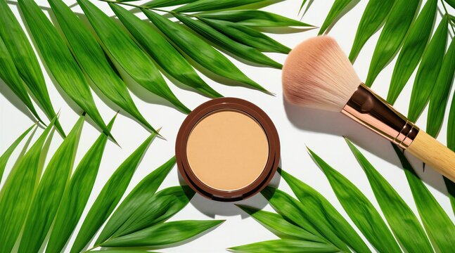 Face powder compact case with makeup brush lying on white surface decorated with fresh green palm leaves. Natural organic beauty cosmetic product for skincare. Flat lay top view of pro makeup kit