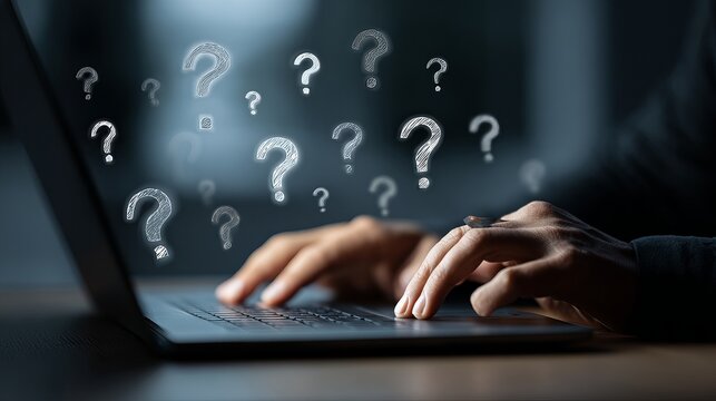 Hands typing on laptop with question marks floating above, representing uncertainty and decision-making challenges in a business setting