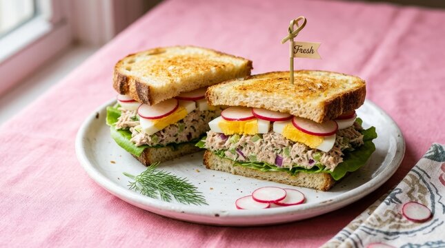 Delicious open-faced sandwiches with egg and fresh vegetables on a decorative plate.