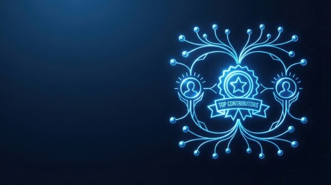 Glowing blue wireframe graphic showcasing top contributors in a futuristic AI neural network design, ideal for digital innovation and high-tech projects.