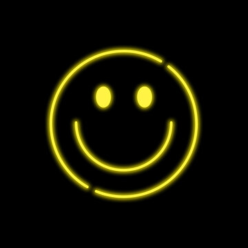 Minimalist yellow neon smiling face icon isolated on black background representing happiness positivity mood and joy for digital messaging user interface.