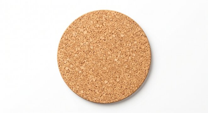 Circular natural cork coaster material isolated on white background copy space