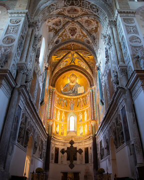 Cefalu, Italy; 1st January 2026: Interior of Cefalu Cathedral in Sicily, featuring the spectacular Christ Pantocrator mosaic in the apse.