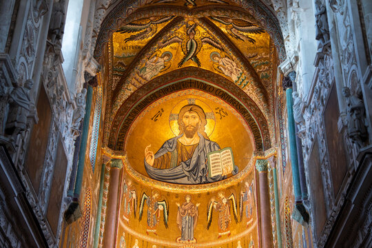 Cefalu, Italy; 1st January 2026: Interior of Cefalu Cathedral in Sicily, featuring the spectacular Christ Pantocrator mosaic in the apse.
