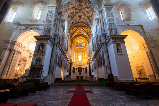 Cefalu, Italy; 1st January 2026: Interior of Cefalu Cathedral in Sicily, featuring the spectacular Christ Pantocrator mosaic in the apse.