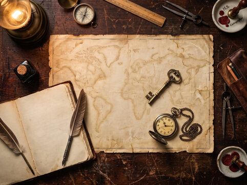 Vintage world map with antique pocket watch and quill on a rustic wooden desk background