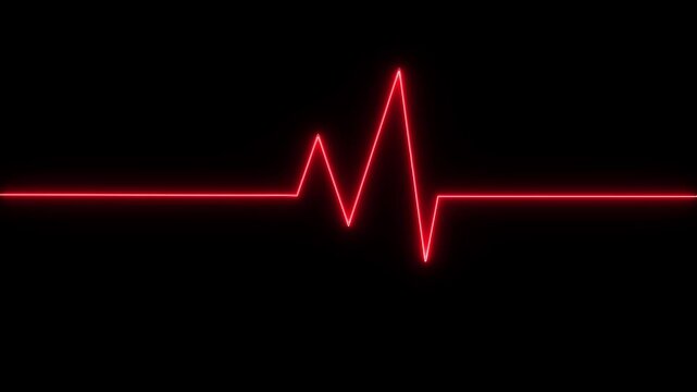 Red glowing neon heartbeat pulse animation on black background showing cardiogram line style motion graphics in loop ECG medical