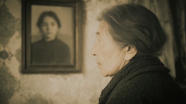 Old woman remembering when she was young: age versus younger self