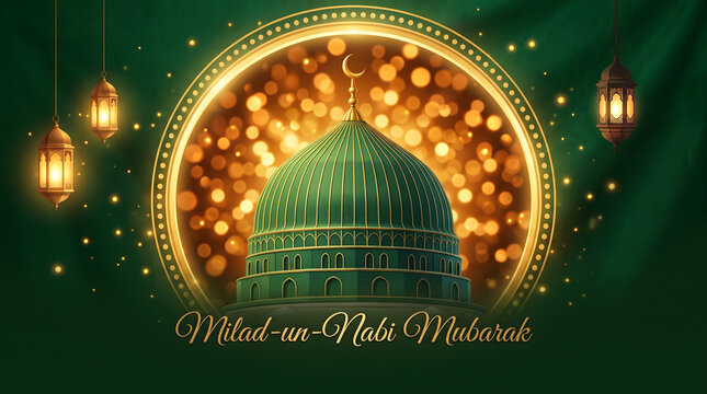 Milad un Nabi Mubarak Greeting Card with Green Dome Mosque and Golden Lanterns Islamic Illustration