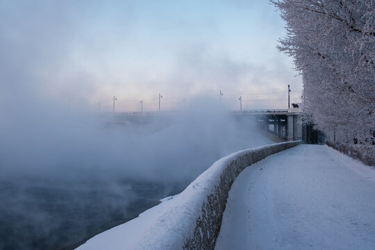 Misty morning blankets a frozen riverbank