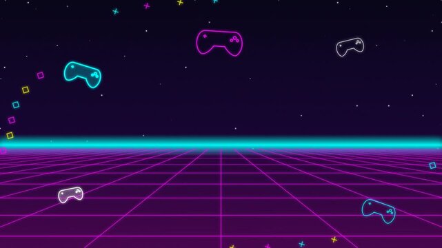Retro Synthwave Grid With Neon Game Controller Icons Background