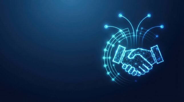 Glowing blue 3D wireframe handshake symbolizes advanced AI, digital science, and futuristic tech innovation with dark background for copy space.
