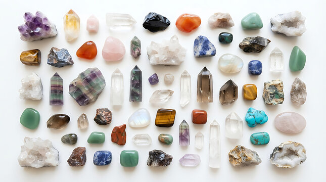 Colorful abstract of scattered gemstones and crystals on white background
