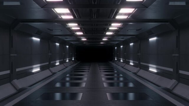 Sci-fi spaceship corridor moving forward in a seamless CG loop. Symmetrical dark metallic hallway with glowing panels. Futuristic background for video games and VJ loops.