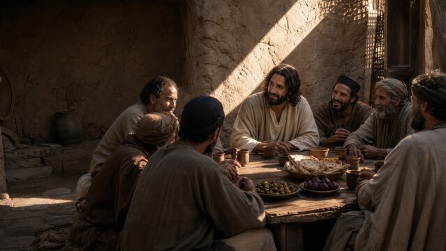 Jesus sharing a meal with men in an ancient home. Biblical scene illustrating the parable of the lost sheep, compassion, fellowship, repentance, and spiritual teaching.