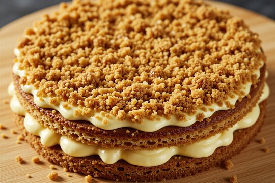 Round honey cake with cream layers sits on wooden board. Traditional dessert features sweet biscuit sponge crumbs topping. Tasty homemade pastry looks delicious, fresh for celebration. Bakery treat