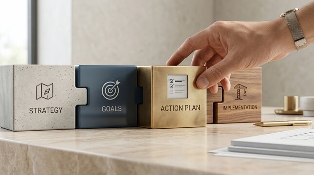 Hand placing brass cube representing action plan into business process puzzle concept on professional desk with business development strategy