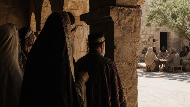 Biblical scene of Jesus dining with sinners while religious leaders observe from a stone courtyard. Parable of the lost sheep, repentance, mercy, and spiritual salvation.
