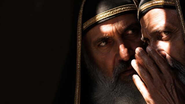 Two biblical men whispering in shadow, symbolizing Pharisee judgment and rejection of sinners in the Parable of the Lost Sheep from the Gospel of Luke, religious storytelling concept